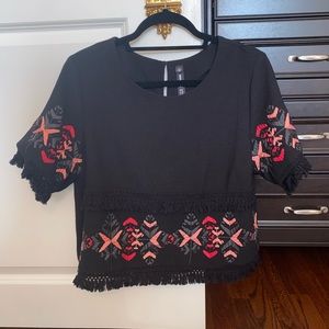 Black embroidered shirt with fringe detail